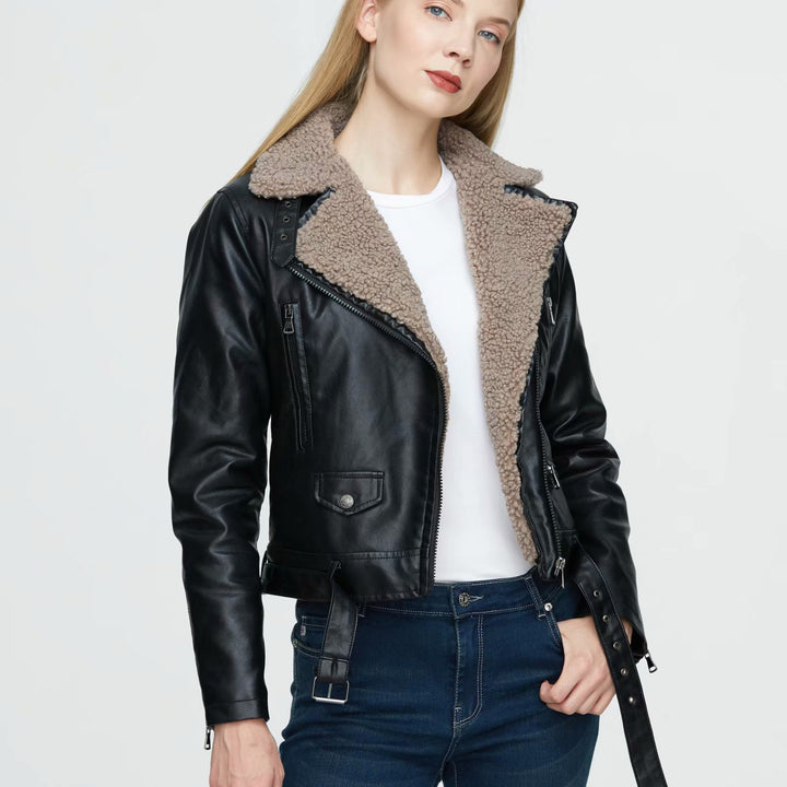 Stylish sheepskin biker jacket for ladies with double zip closure and adjustable belt Lune London