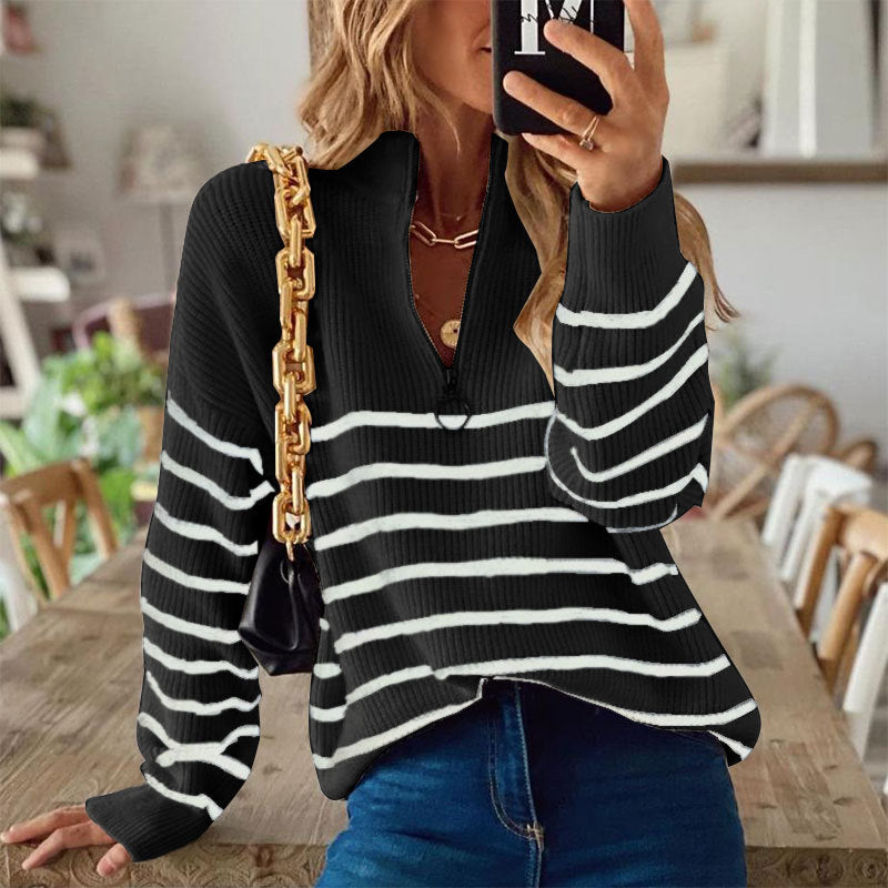 Pull en tricot confortable pour femmes avec zip et motif rayé Chic & Stil