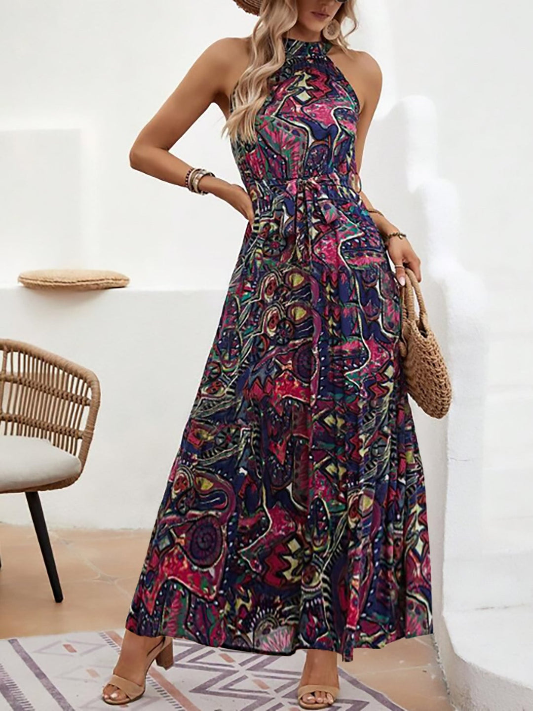 Women's Maxi Dress in Boho Style with High Collar and Tied Belt Lune London