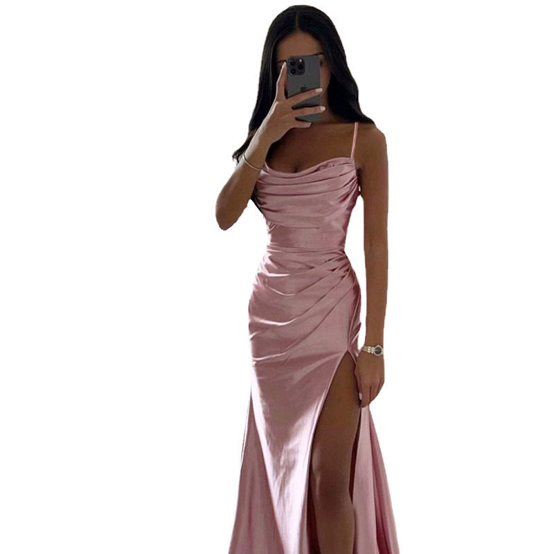 Lune London | Lace-up Pleats Slit Satin Slim Fit Bodycon Dress