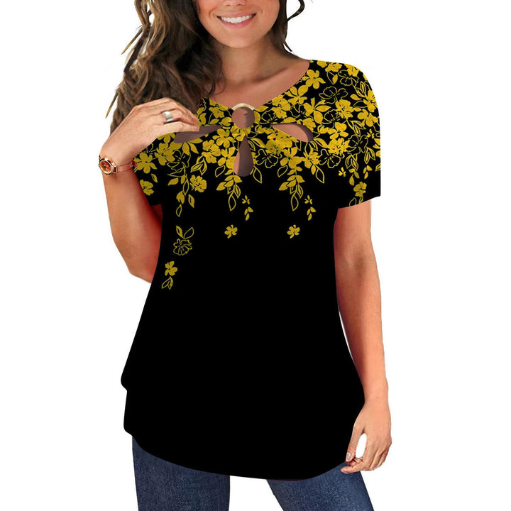 Women's elegant top with floral cut-out design and shiny ring insert Lune London
