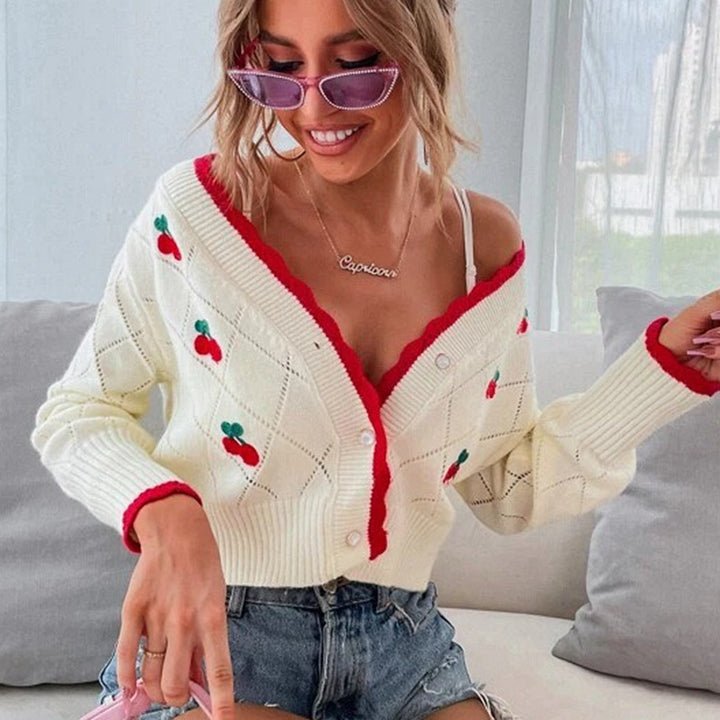 Ladies thick knitted cardigan with decorative cherry pattern Lune London