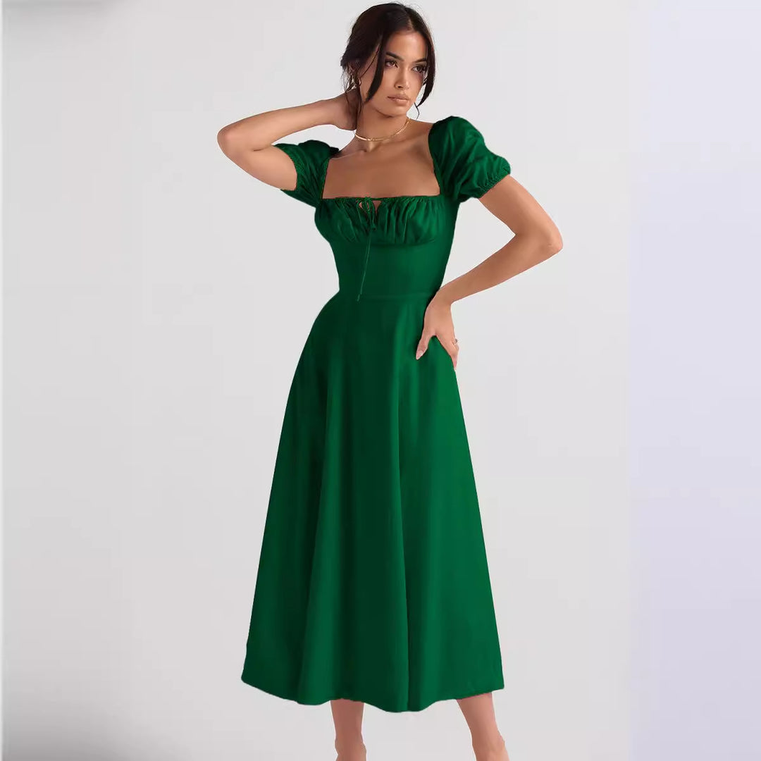 Elegant Midi Dress for Women with Puff Sleeves and Chic Refined Neckline & Style