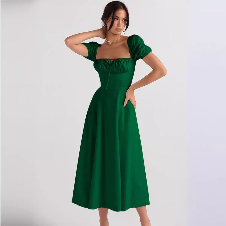 Elegant Midi Dress for Women with Puff Sleeves and Chic Refined Neckline & Style