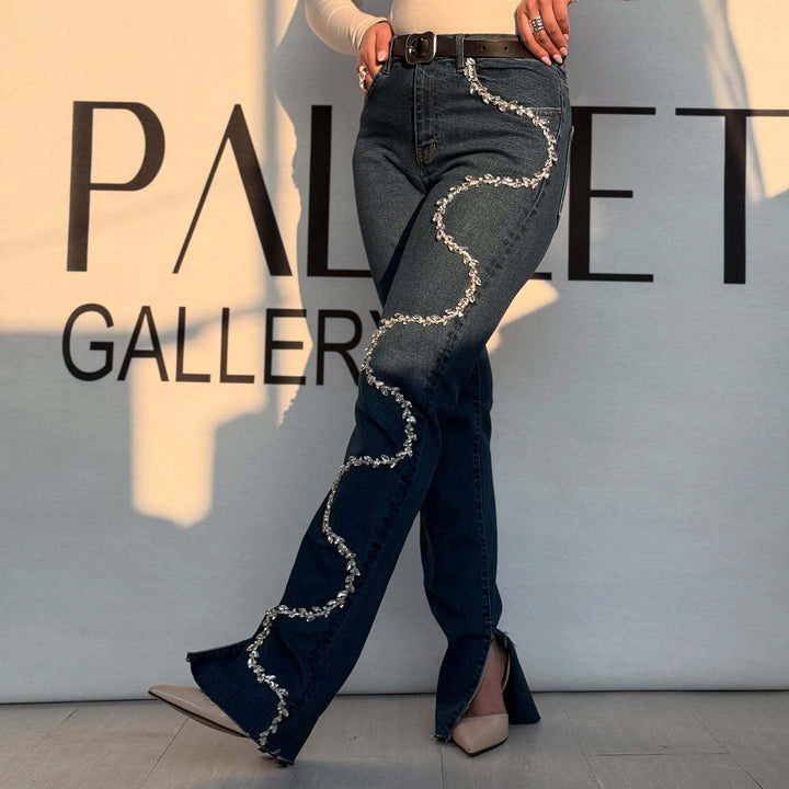 Bootcut jeans for women with glitter applications and frayed edges Lune London