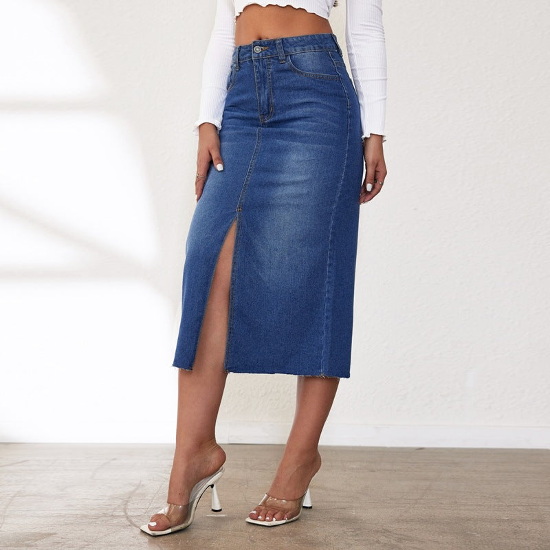 Women's Midi Denim Skirt with Side Slit Lune London