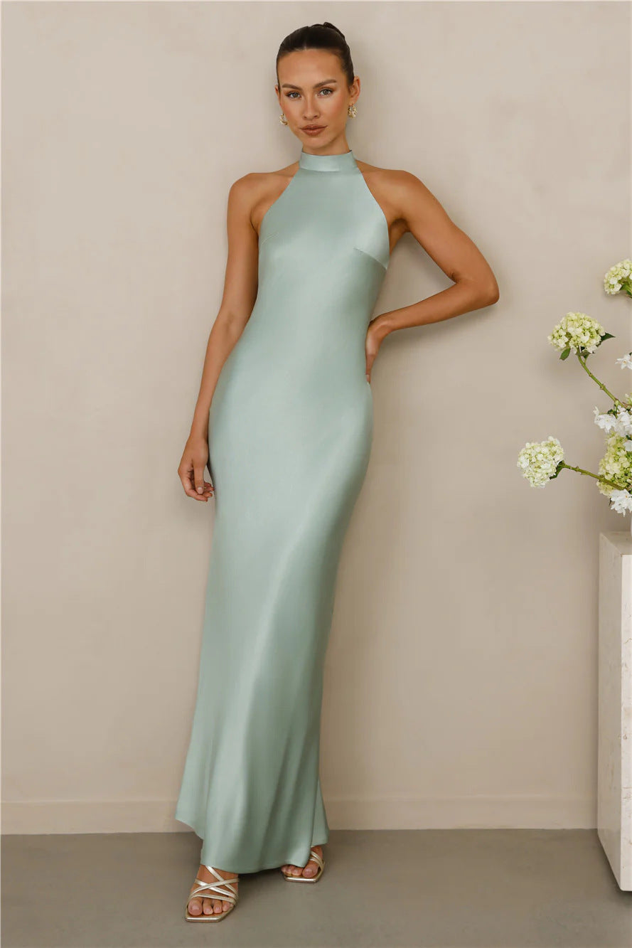 Ladies Elegant Maxi Dress with High Neck Design and Shimmering Satin Finish Lune London