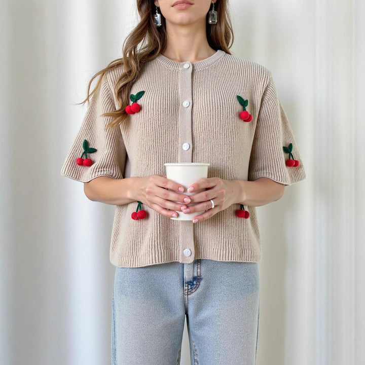 Women's knitted jacket with decorative cherry pattern and pockets Lune London