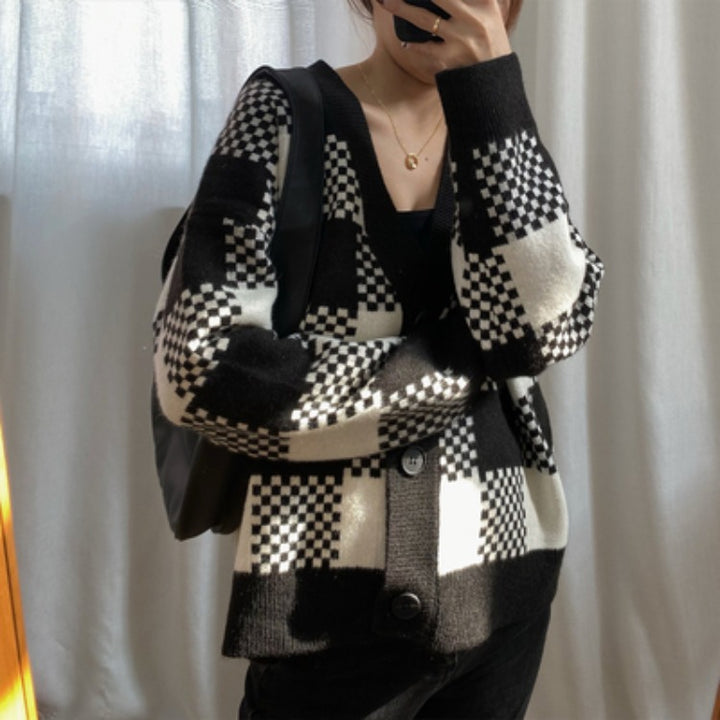 Ladies chunky knit cardigan with contrasting check pattern and button details Lune London