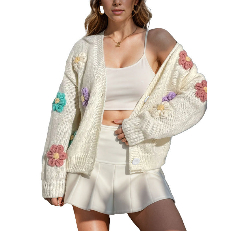 Knitted jacket for women with floral appliques Lune London
