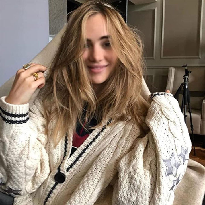 Ladies Chunky Knit Cardigan with Star Pattern Fashion Lune London