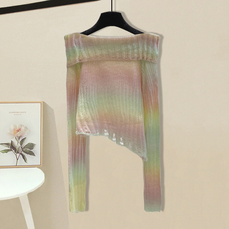 Trendy asymmetrical sweater for women with off-shoulder neckline and ribbed texture Lune London