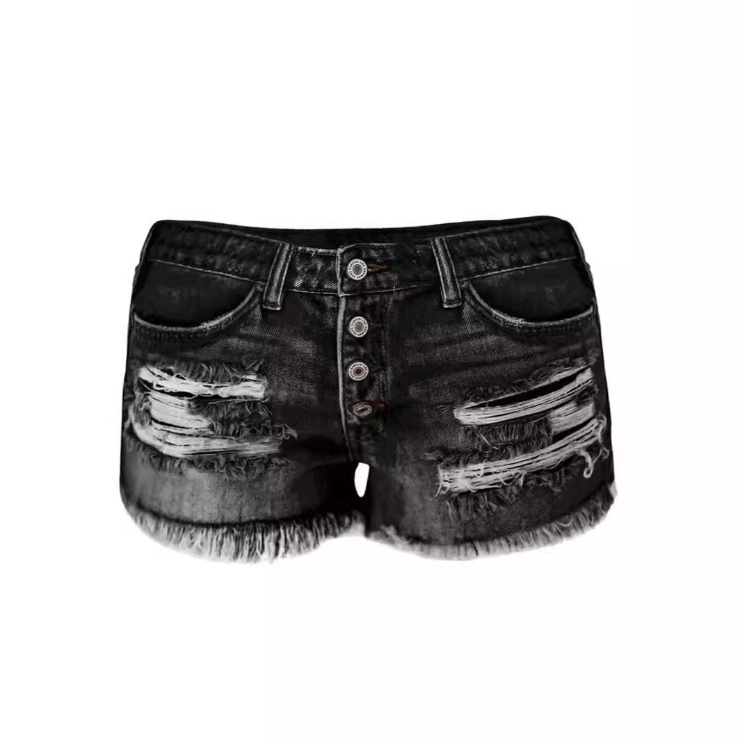 Women's casual destroyed denim shorts with button details and frayed hem Lune London