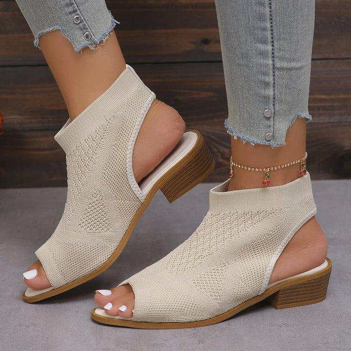 Ladies Open Mules with Knitted Design and Retro Block Heel Lune London
