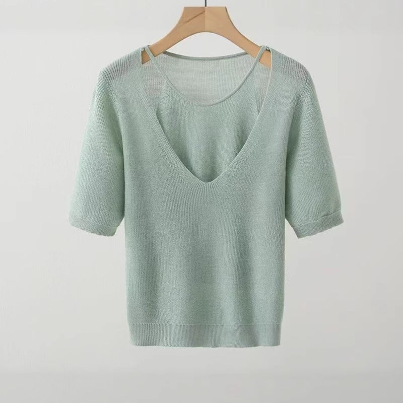 Casual V-neck knitted sweater for women with short sleeves Lune London