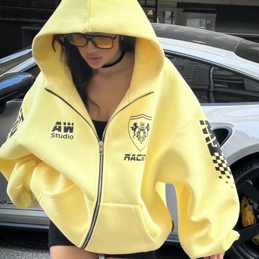 Oversized hoodie jacket for women with graphic running design Lune London