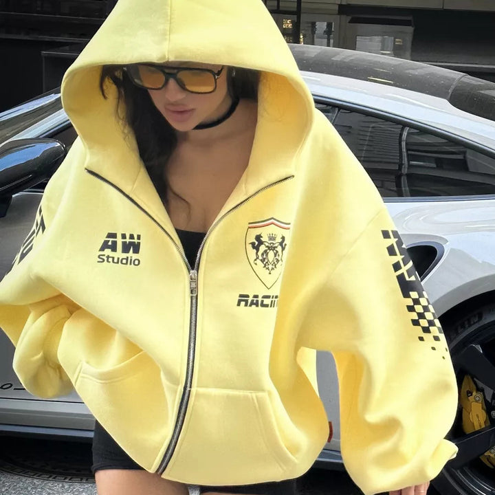 Oversized hoodie jacket for women with graphic running design Lune London