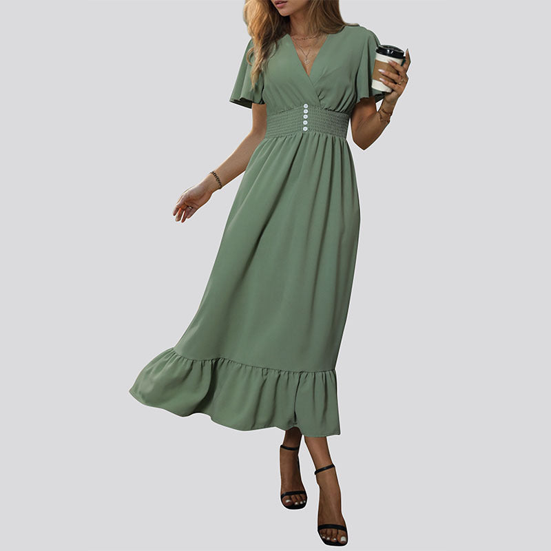 Fluid maxi dress for women with flutter sleeves and a button detail Lune London