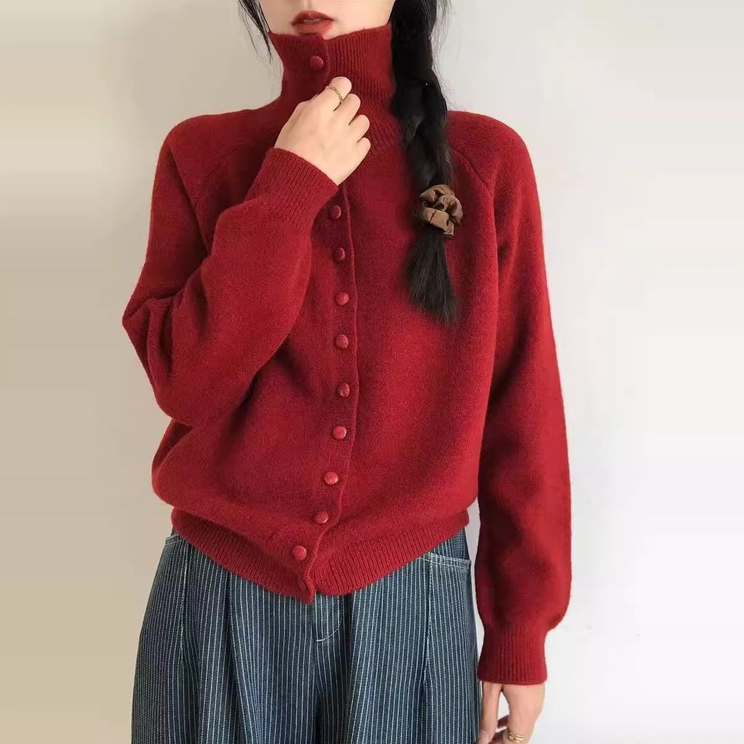 Ladies cardigan with high collar and decorative buttons Lune London