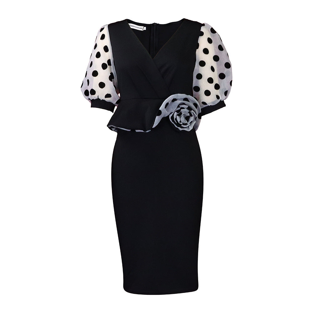 Fitted cocktail dress for women with sheer puff sleeves and floral accent Lune London