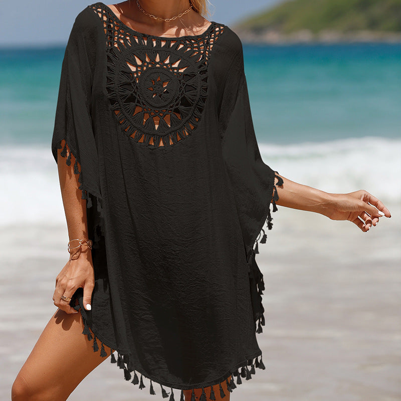 Women's beach tunic with artistic crochet design and fringed hems Lune London