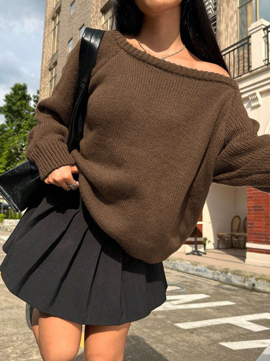 Ladies oversized sweater with off-shoulder design Lune London