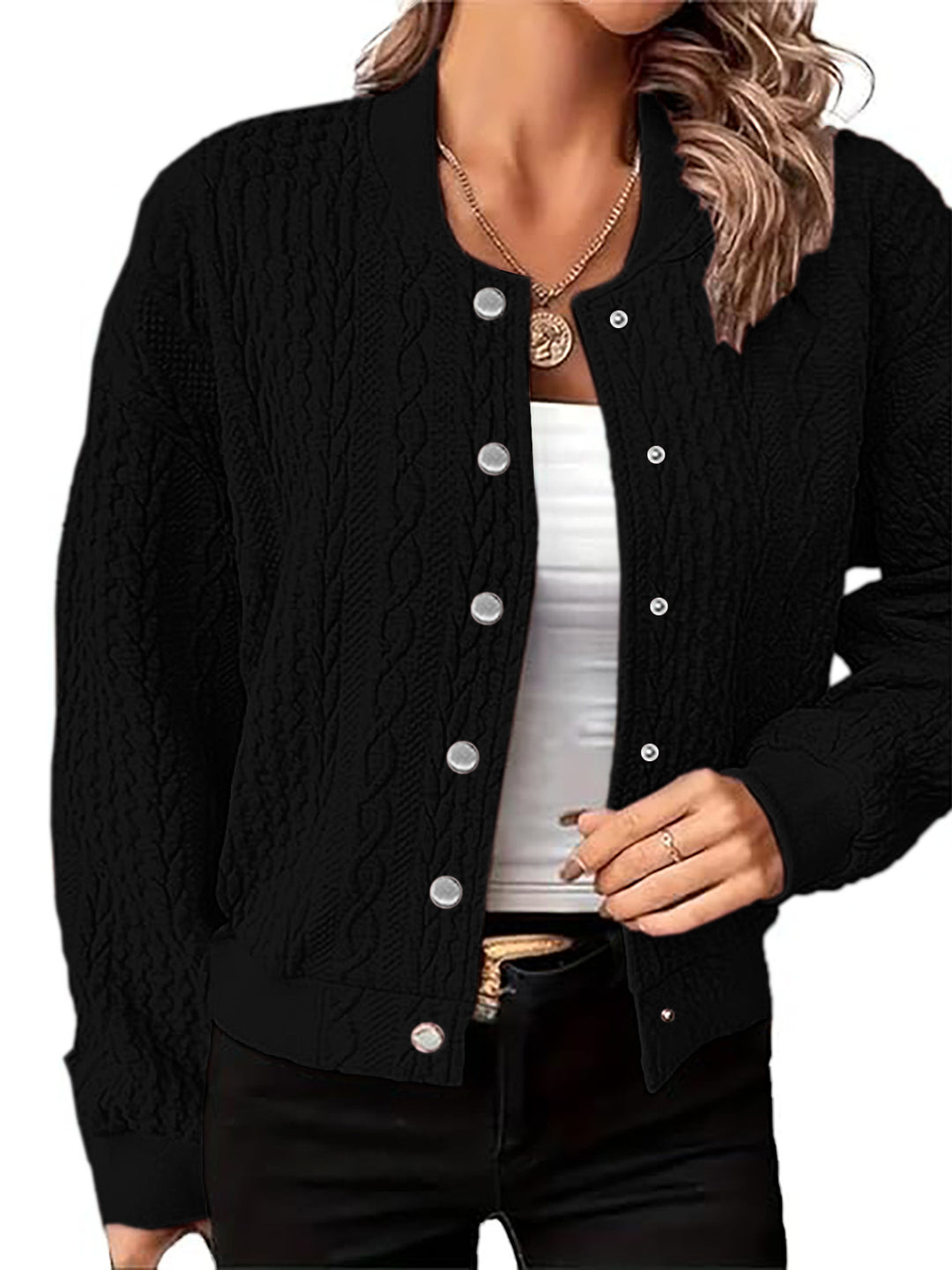 Knitted jacket for women with textured surface and button closure Lune London