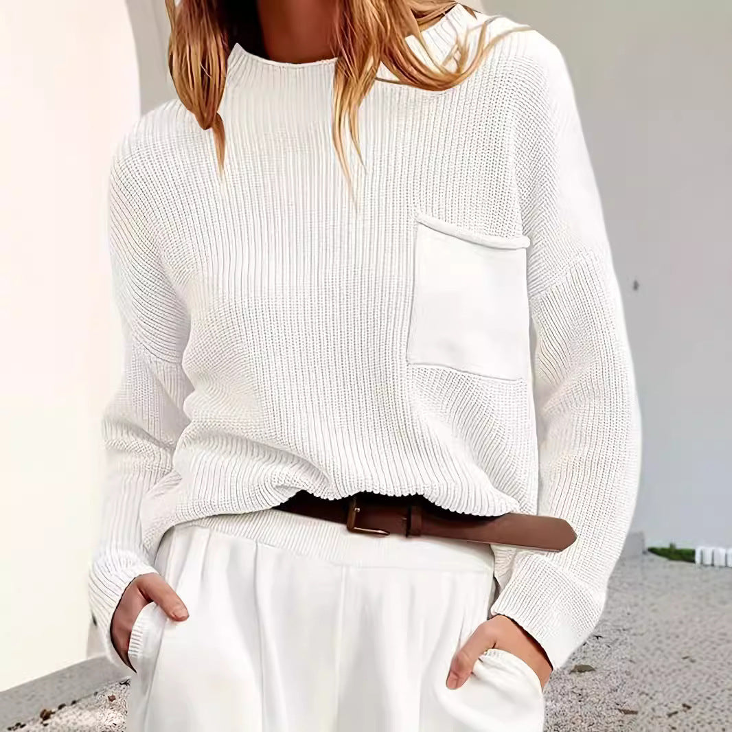 Knitted sweater for women with high collar and chest pocket Lune London