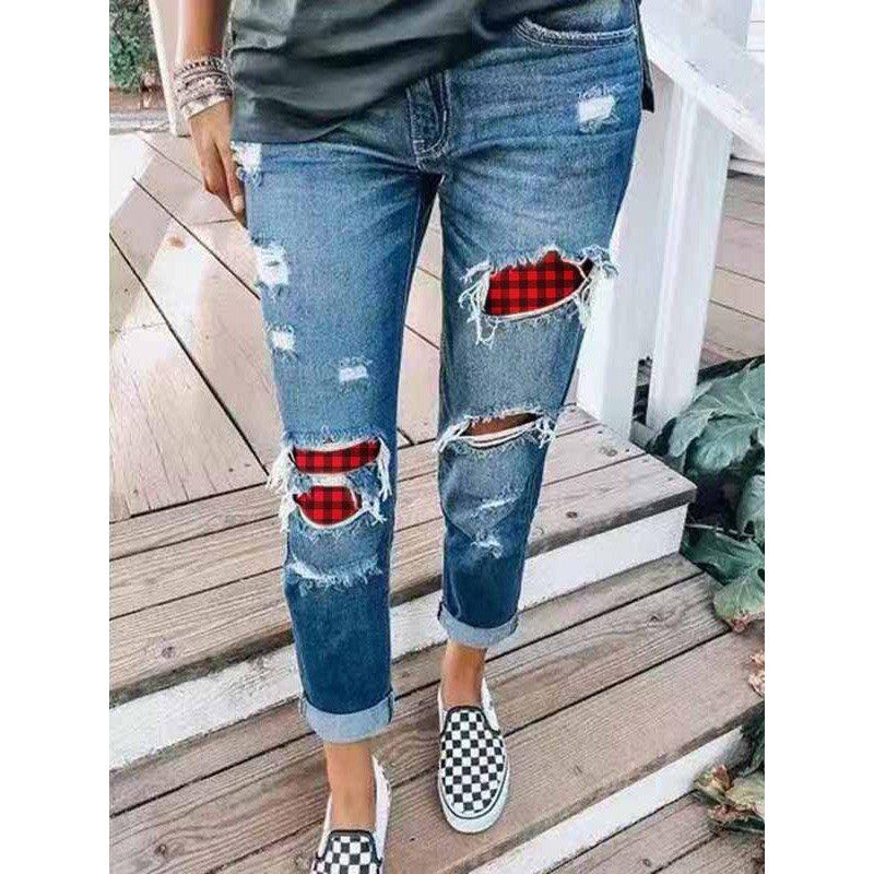 Denim jeans for women decorated with chic and stylish plaid accents