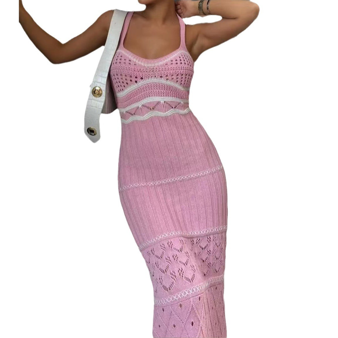 Maxi dress in knit for women with refined crochet patterns and side slit Lune London