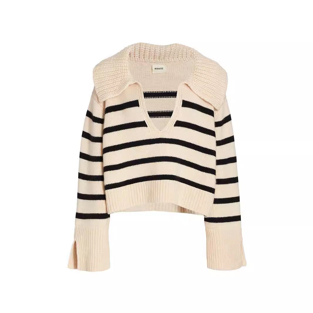Trendy knitted sweater for women with distinctive collar and striped pattern Lune London