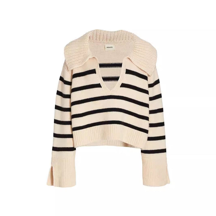 Trendy knitted sweater for women with distinctive collar and striped pattern Lune London