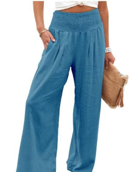 Lune London | Women's Wide Linen Pants with Elastic Waistband and Side Pleats