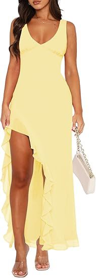 Women's maxi dress with asymmetric hem and ruffle details Lune London