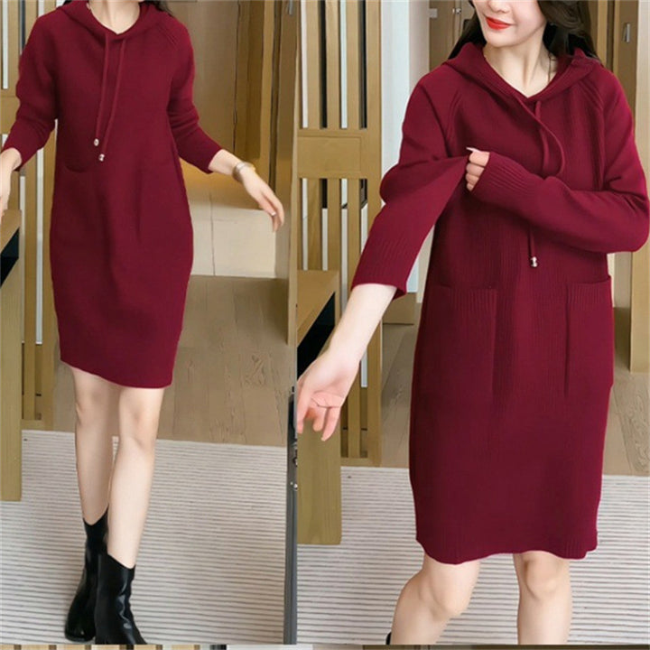 Knitted dress for women with hood and practical pockets Lune London