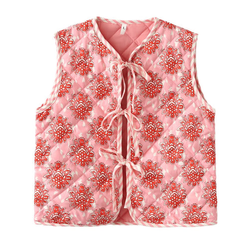 Ladies quilted gilet with floral patterns and tie Lune London