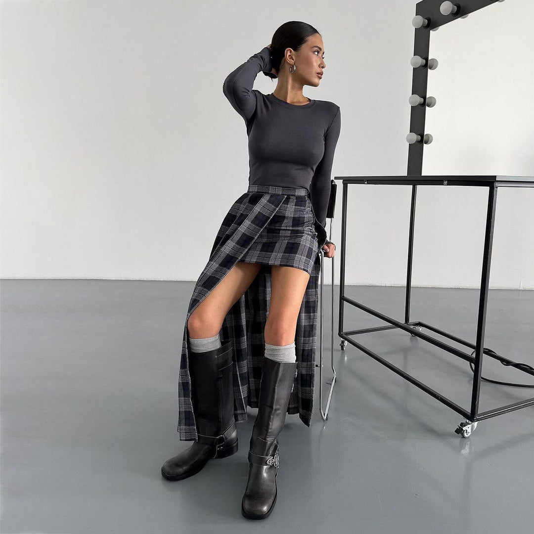 Blazer jacket for women with asymmetrical skirt combination and graphic check pattern Lune London