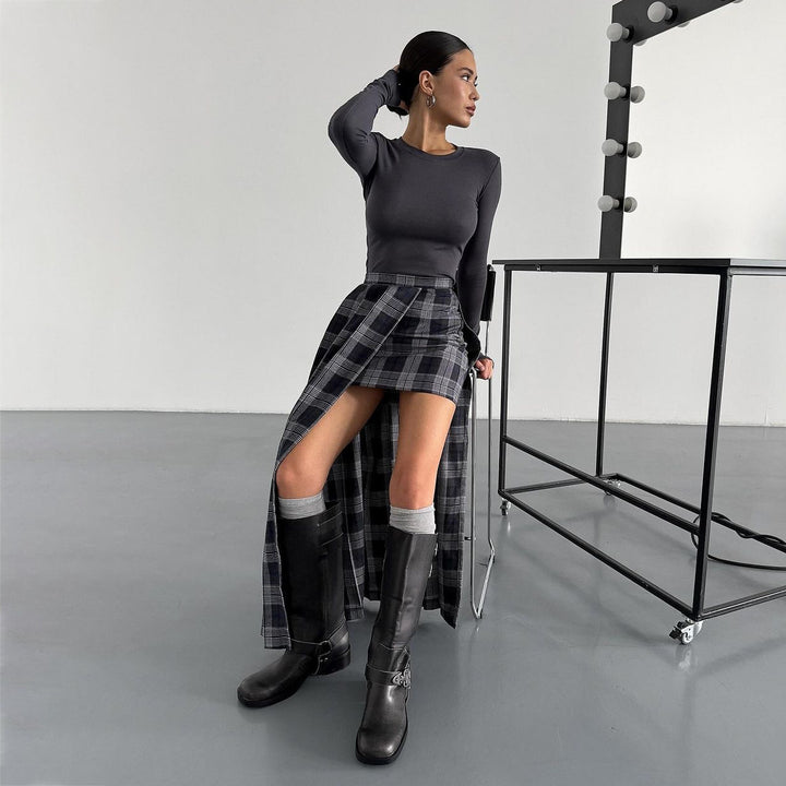 Blazer jacket for women with asymmetrical skirt combination and graphic check pattern Lune London