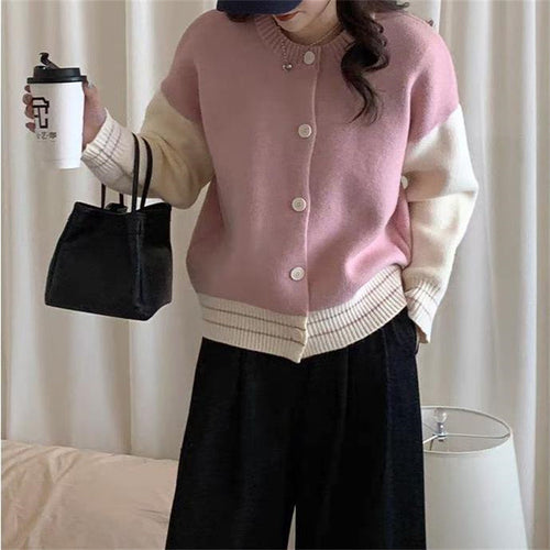Women’s knitted jacket with contrasting sleeves and practical button details Lune London