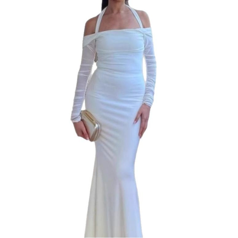 Ladies Elegant Maxi Dress Off-Shoulder with Thin Spaghetti Straps and Chic Transparent Sleeves and Style