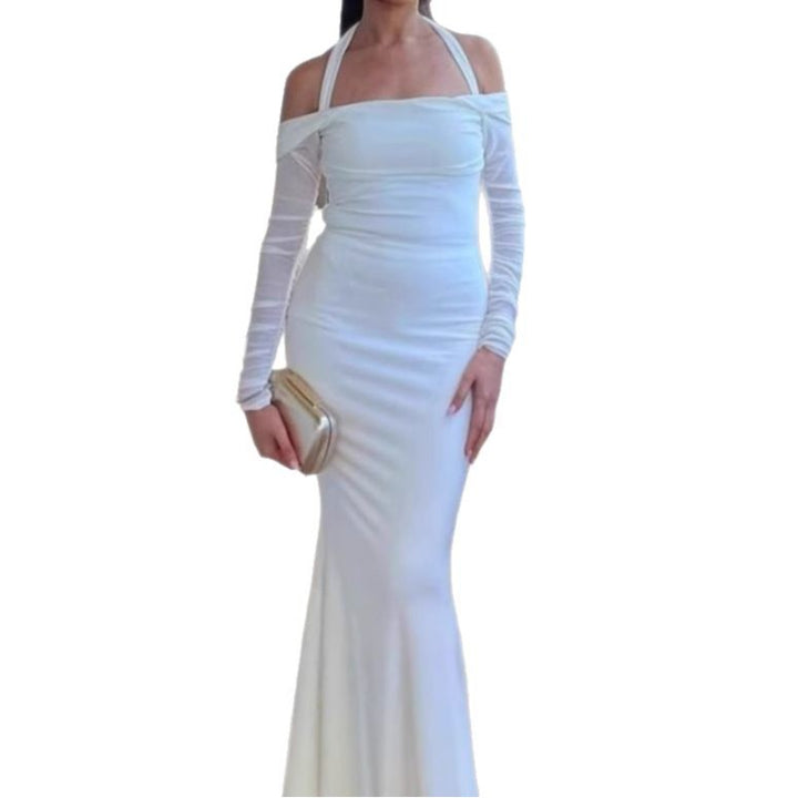 Ladies Elegant Maxi Dress Off-Shoulder with Thin Spaghetti Straps and Chic Transparent Sleeves and Style