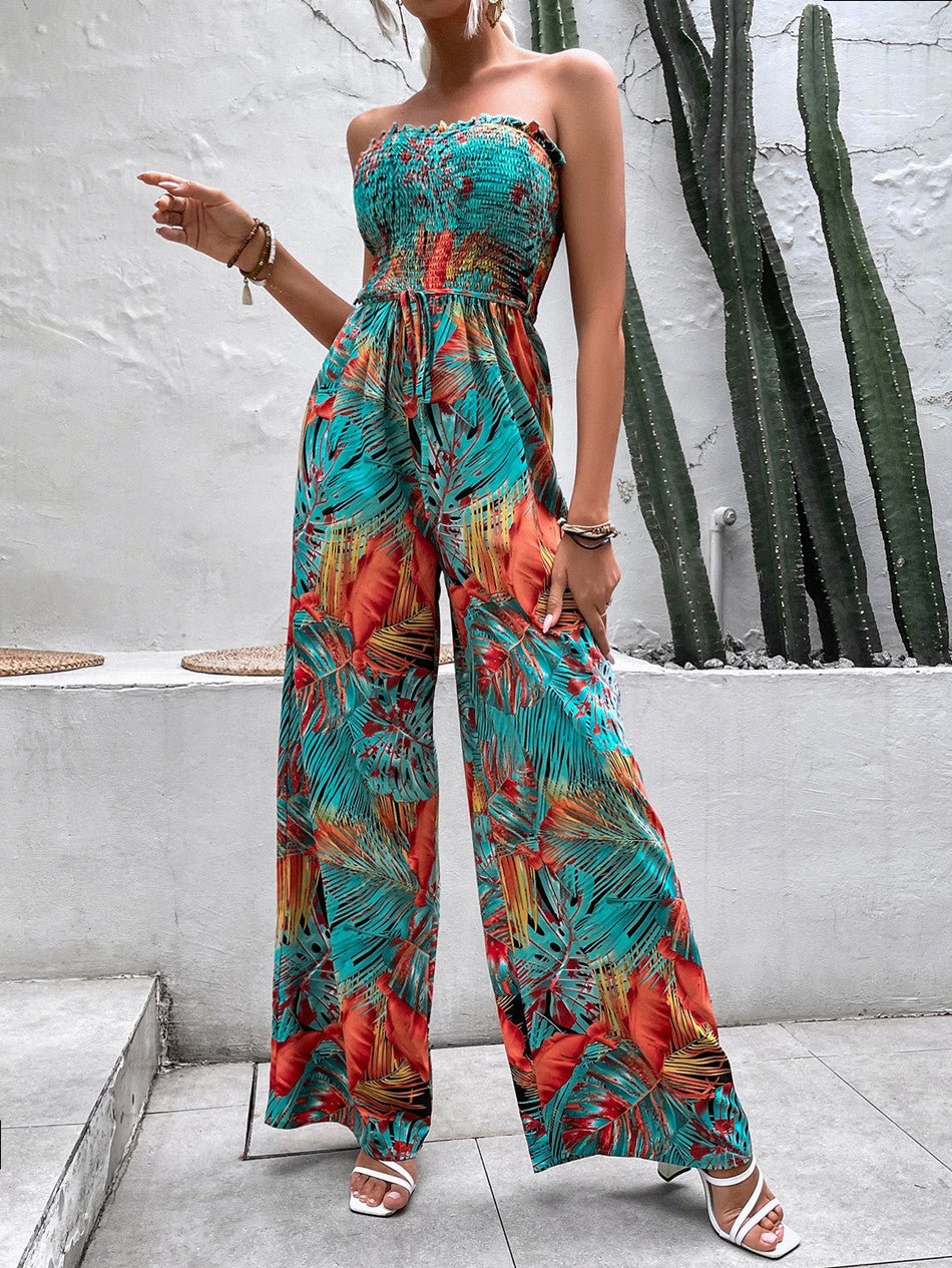 Ladies Sleeveless Tropical Print Wide Leg Jumpsuit Lune London