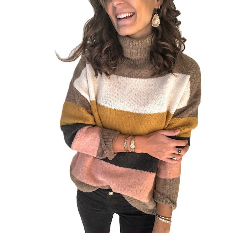 Stylish knitted sweater for women with a relaxed roll neck and chic color block design