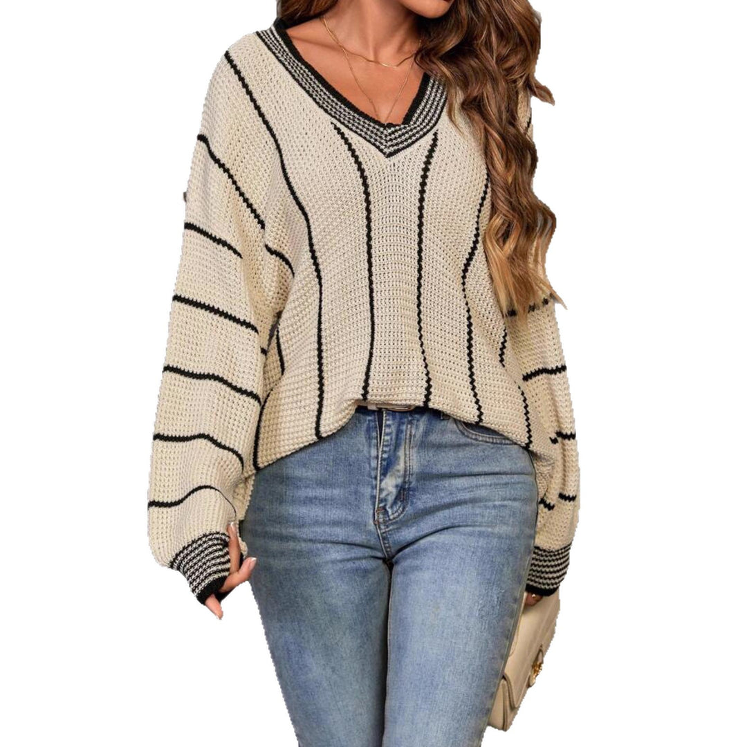 Casual sweater for women with V-neck and stripes Lune London