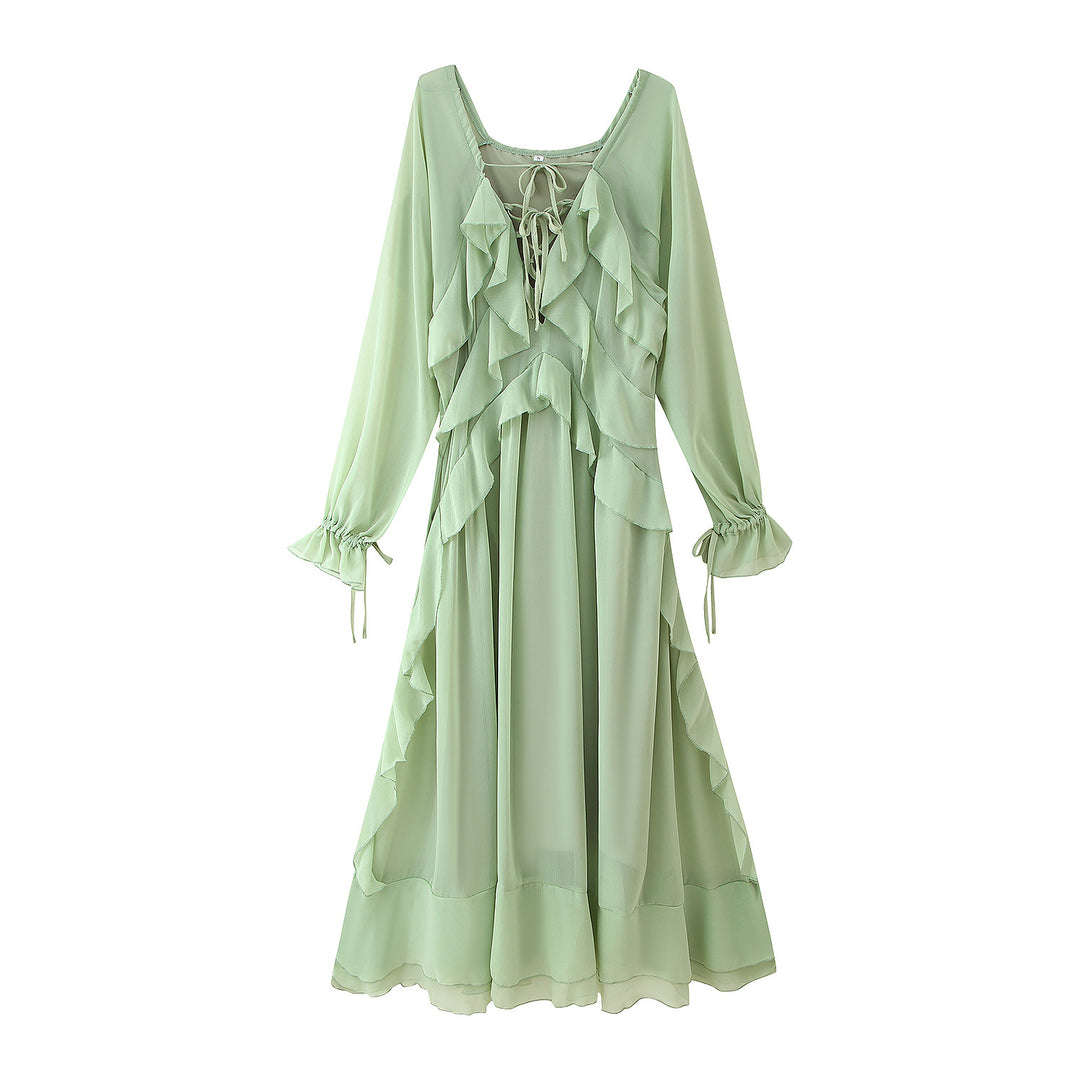 Maxi ruffled dress for women with elegant ties and a relaxed fit Lune London