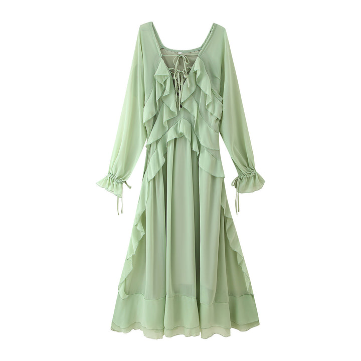 Maxi ruffled dress for women with elegant ties and a relaxed fit Lune London
