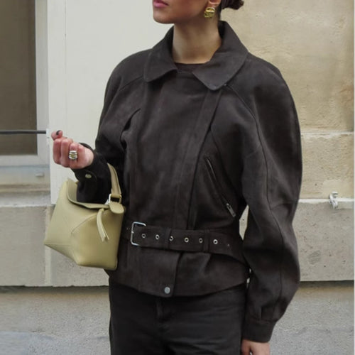 Suede jacket for women with belt at the waist and asymmetrical zipper Lune London