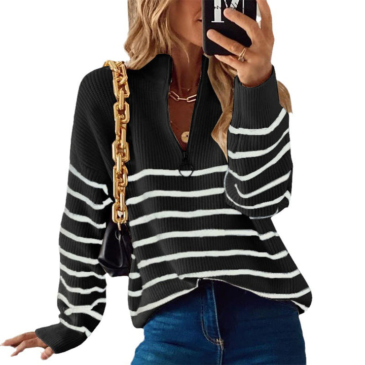 Casual sweater for women with short zipper and striped pattern Lune London