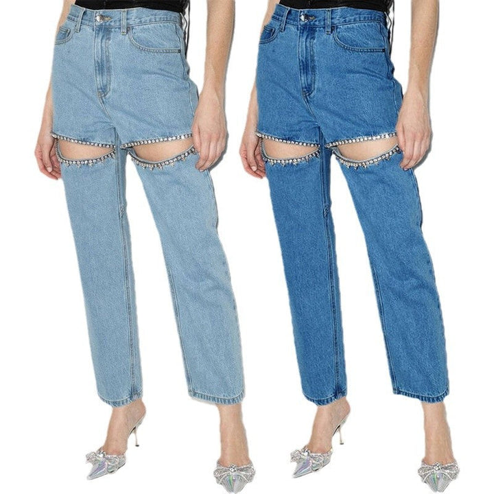 Women's Jeans with Decorative Cut-Outs and Rhinestone Embellishments Lune London