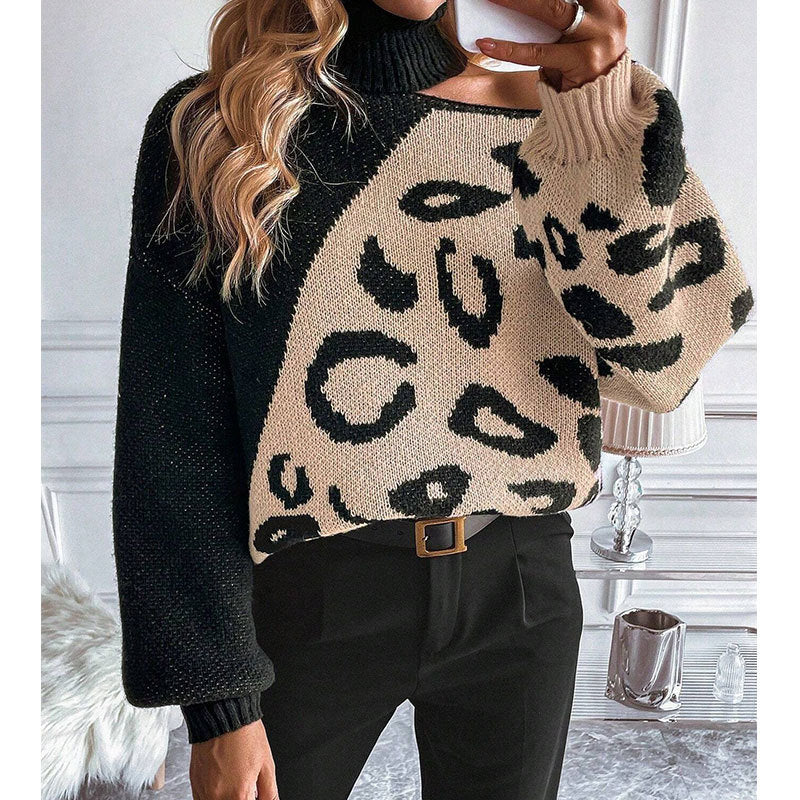Pull en tricot pour femmes avec un motif léopard à la mode et un col haut Chic & Stil